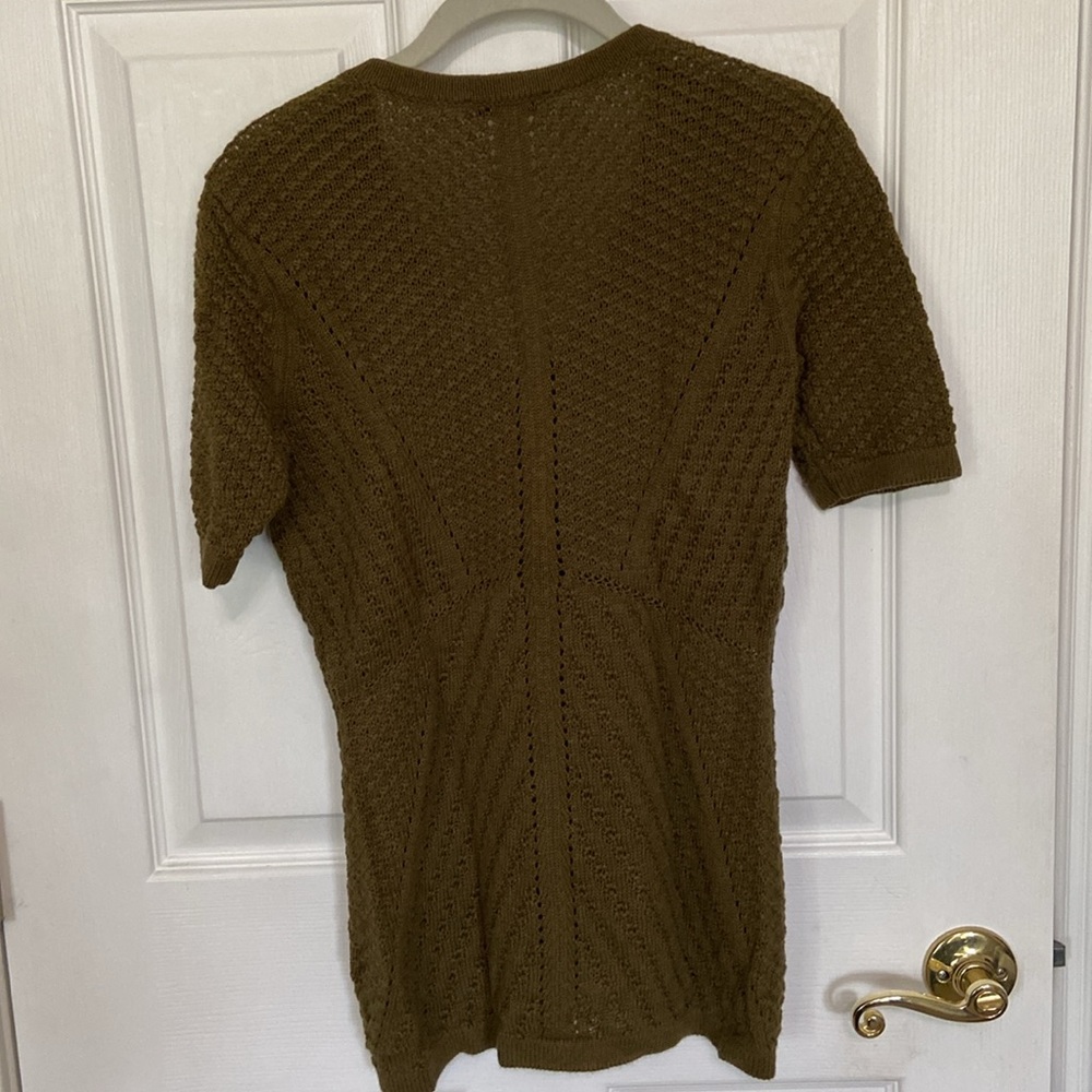 2 Isaac Mizrahi Olive Button Sweater Cardigan - Short Sleeve Open Weave, Peplum - Picture 13 of 14